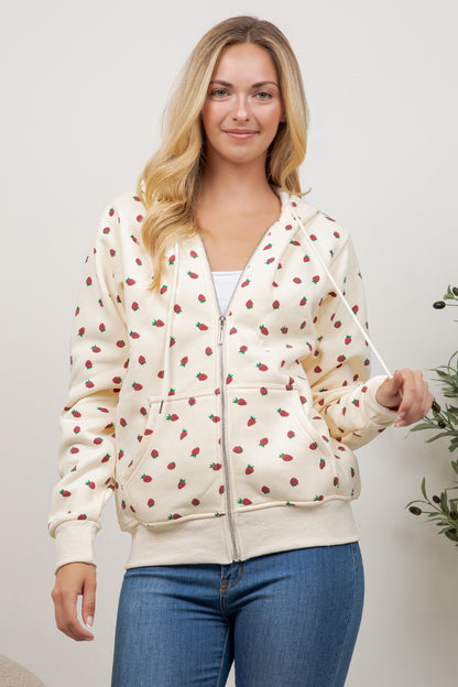 Strawberry Print Zipper Hoodie
