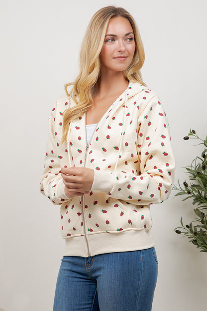 Strawberry Print Zipper Hoodie