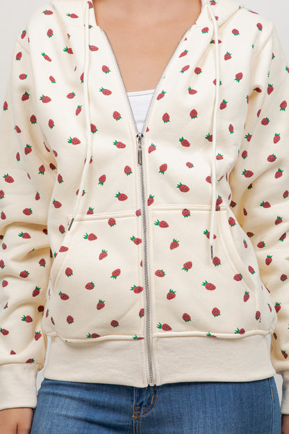 Strawberry Print Zipper Hoodie
