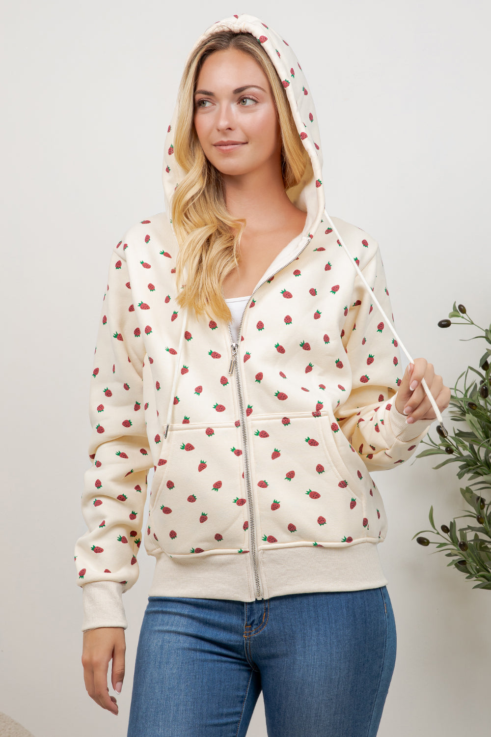 Strawberry Print Zipper Hoodie