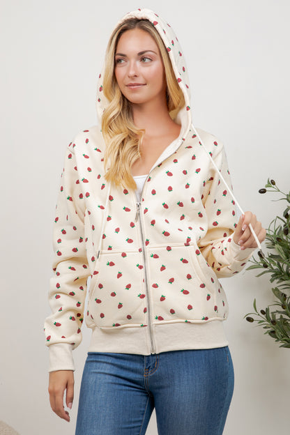 Strawberry Print Zipper Hoodie