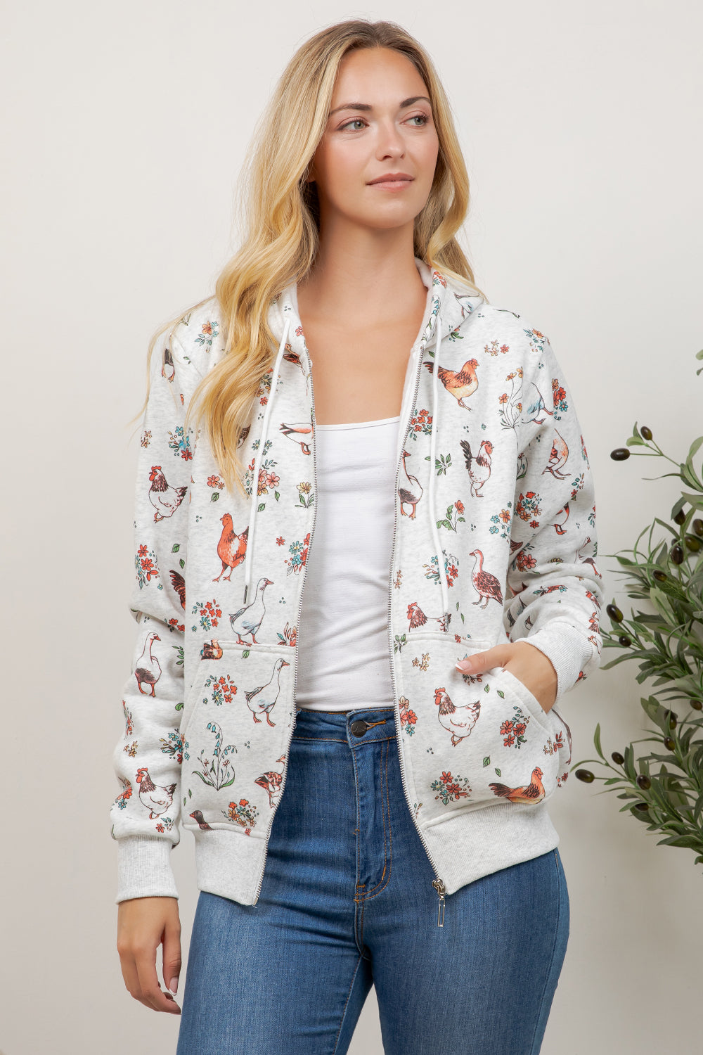 Farm Birds Print Zipper Hoodie