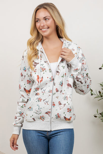 Farm Birds Print Zipper Hoodie