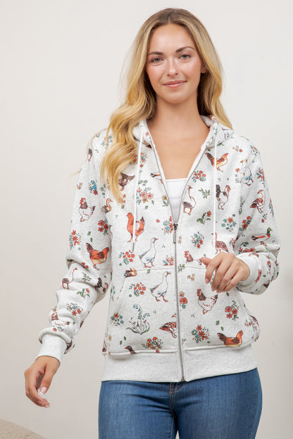 Farm Birds Print Zipper Hoodie