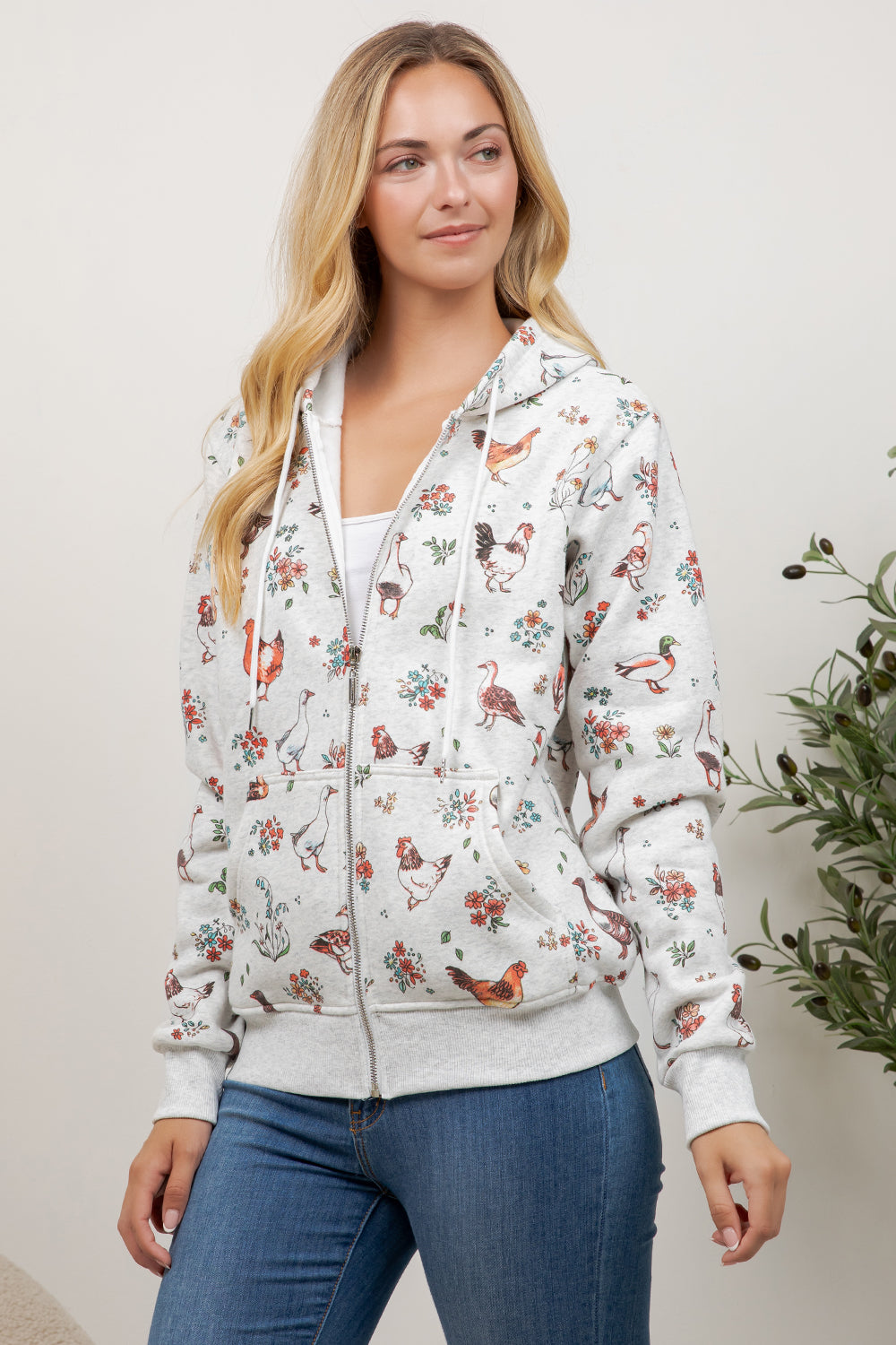 Farm Birds Print Zipper Hoodie