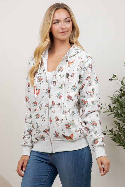 Farm Birds Print Zipper Hoodie
