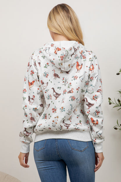Farm Birds Print Zipper Hoodie