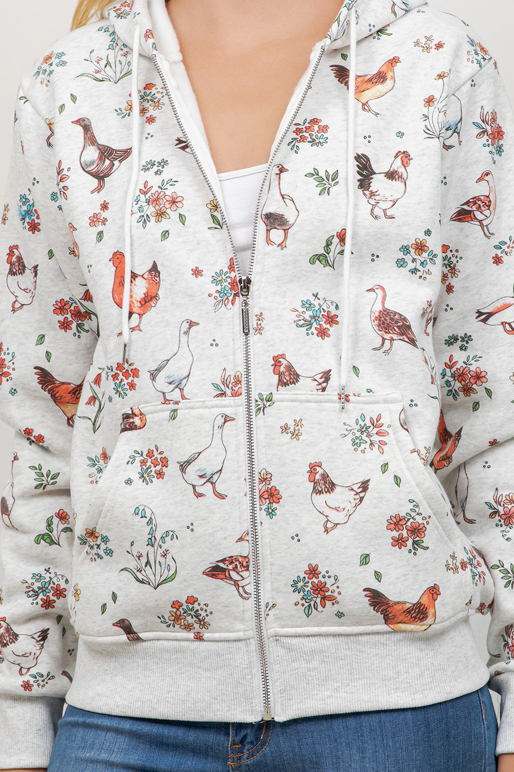 Farm Birds Print Zipper Hoodie