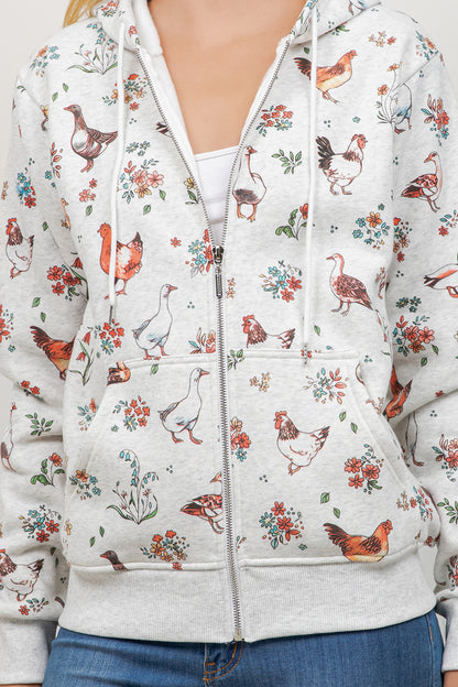 Farm Birds Print Zipper Hoodie