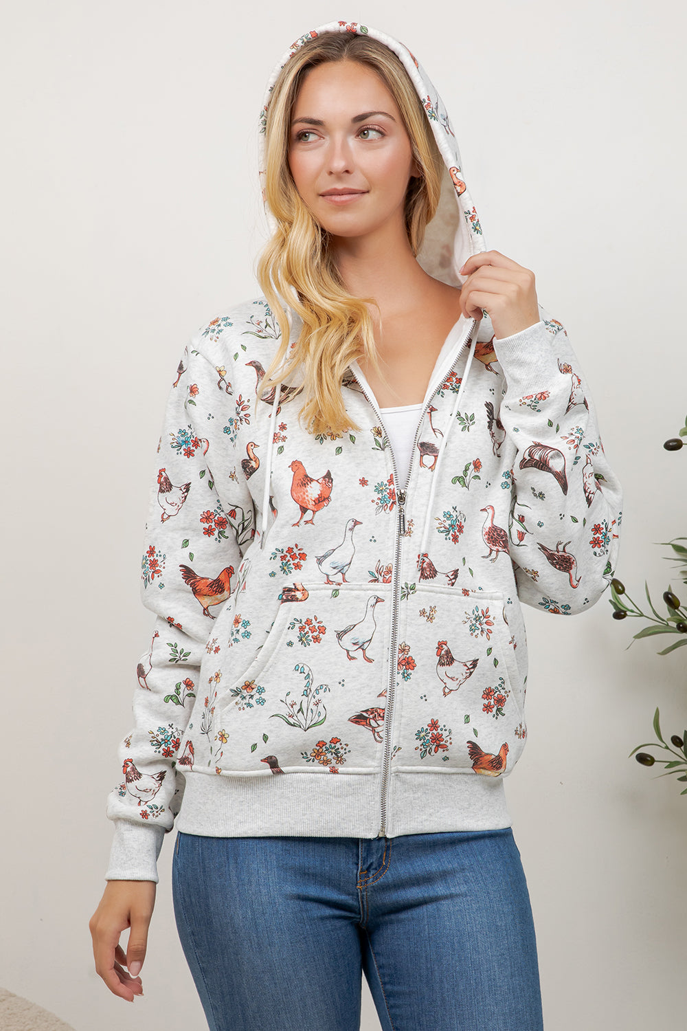 Farm Birds Print Zipper Hoodie