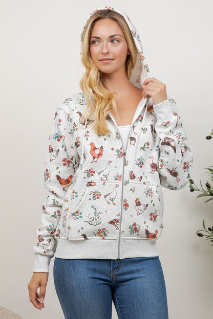 Farm Birds Print Zipper Hoodie
