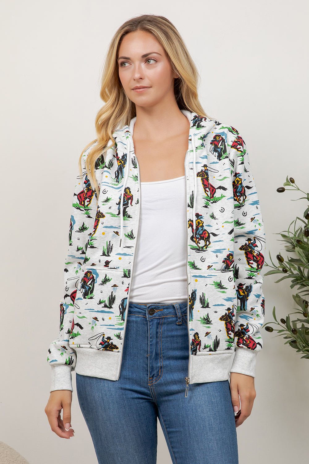 Cow Boy Print Zipper Hoodie