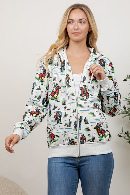 Cow Boy Print Zipper Hoodie