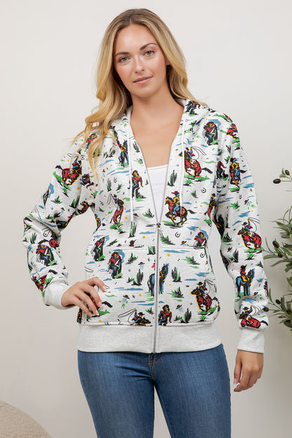 Cow Boy Print Zipper Hoodie