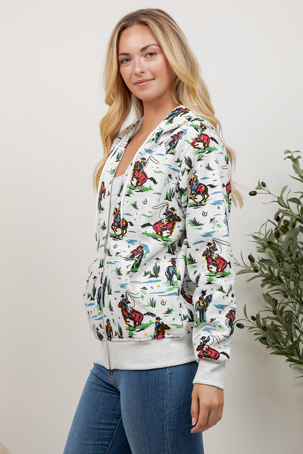 Cow Boy Print Zipper Hoodie