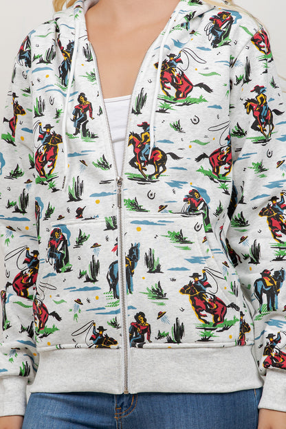 Cow Boy Print Zipper Hoodie