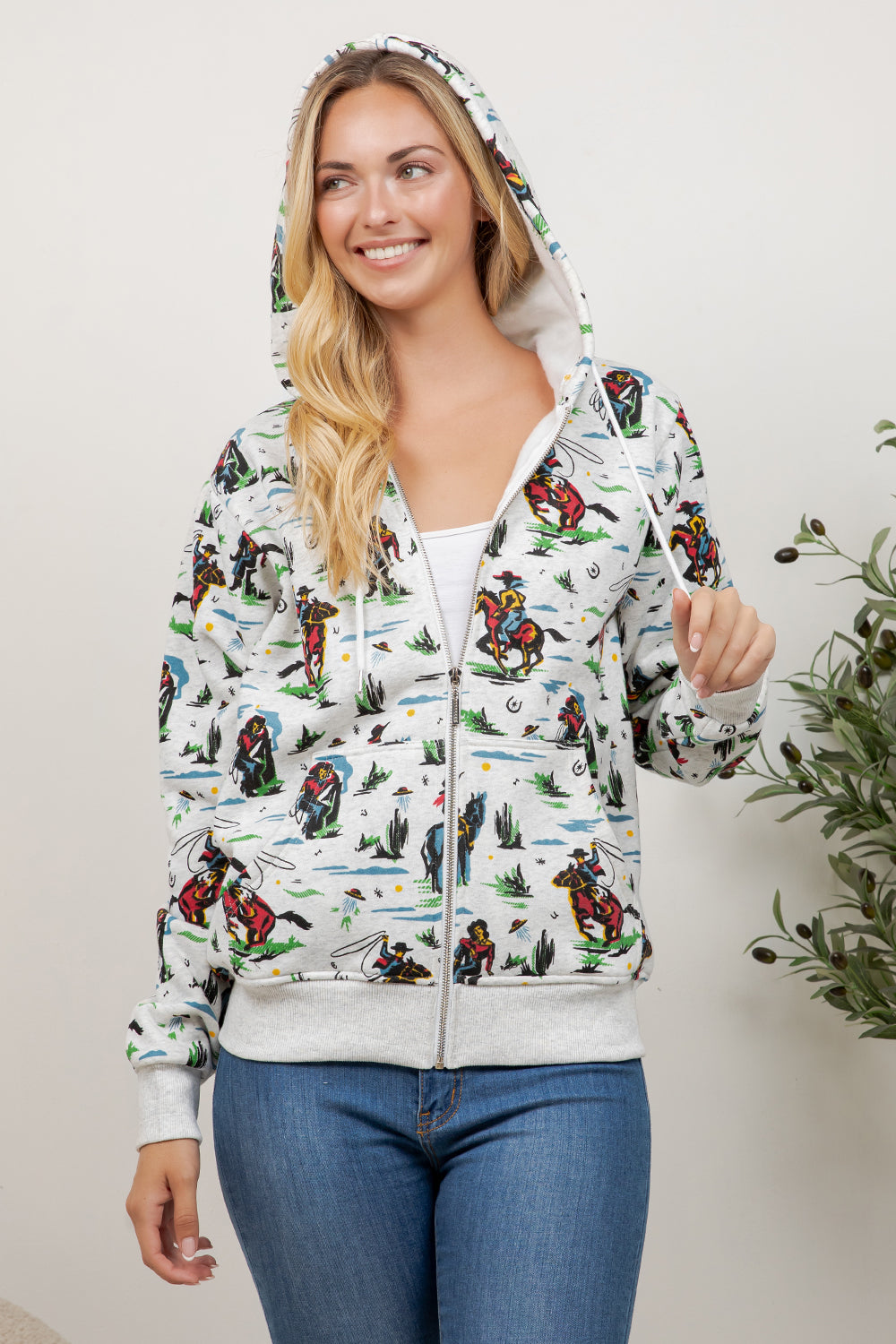Cow Boy Print Zipper Hoodie