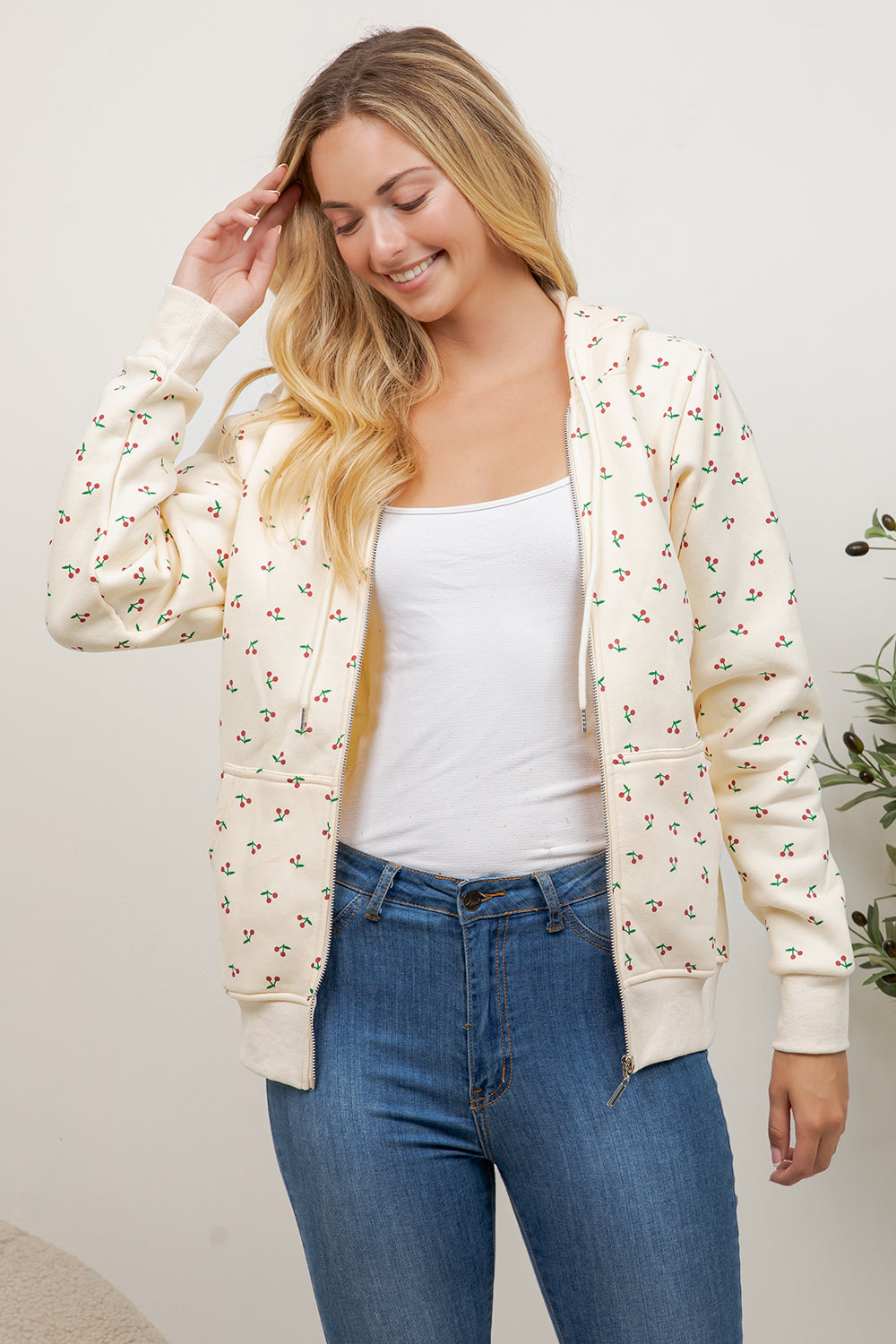 Cherry Print Zipper Hoodie