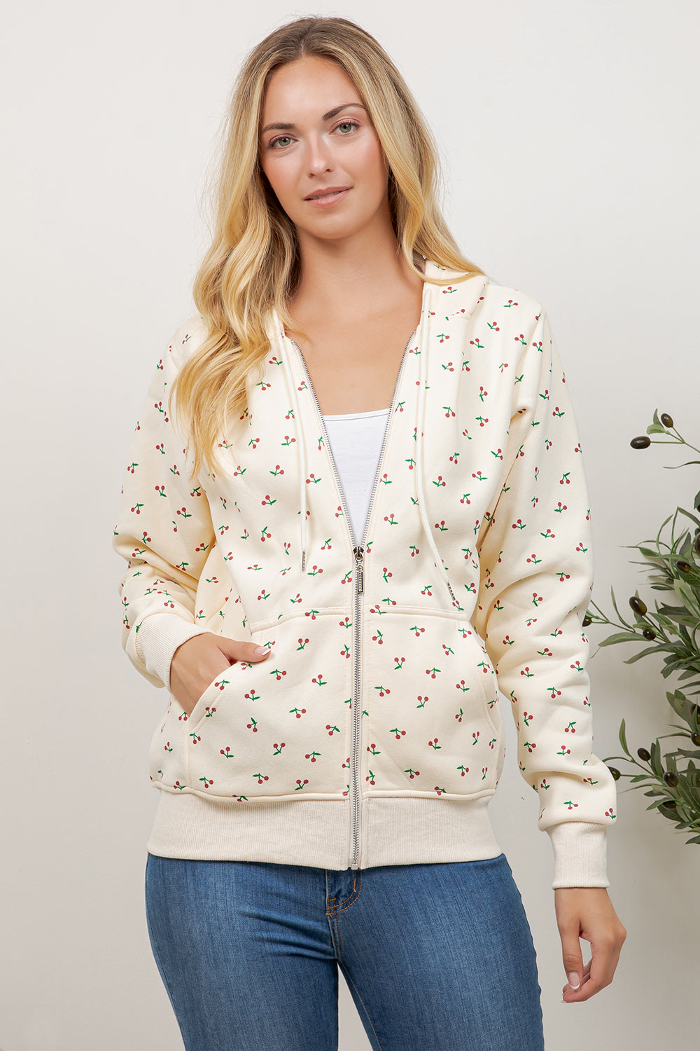 Cherry Print Zipper Hoodie