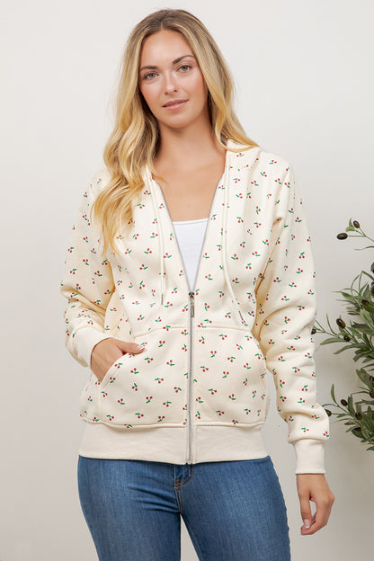 Cherry Print Zipper Hoodie