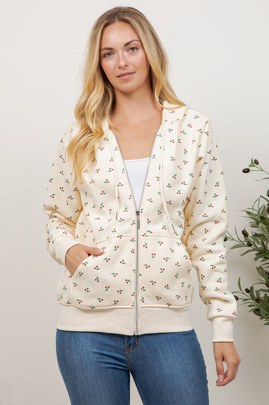 Cherry Print Zipper Hoodie