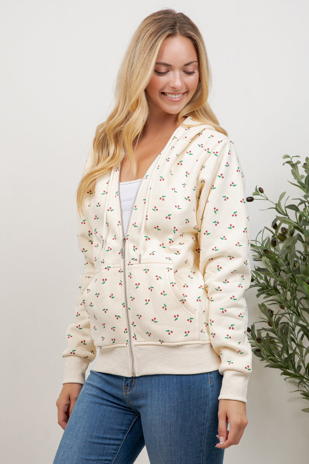 Cherry Print Zipper Hoodie