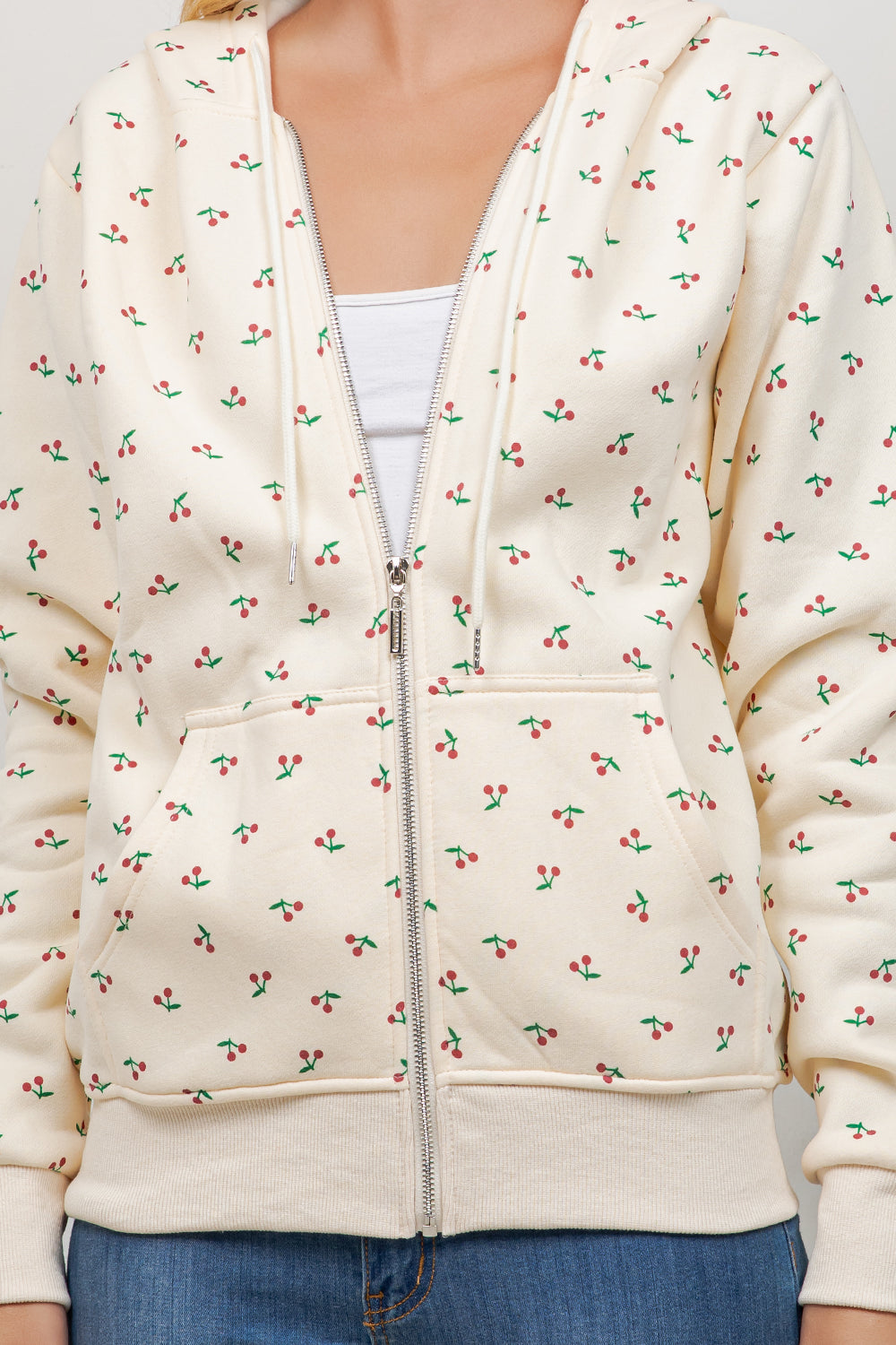 Cherry Print Zipper Hoodie