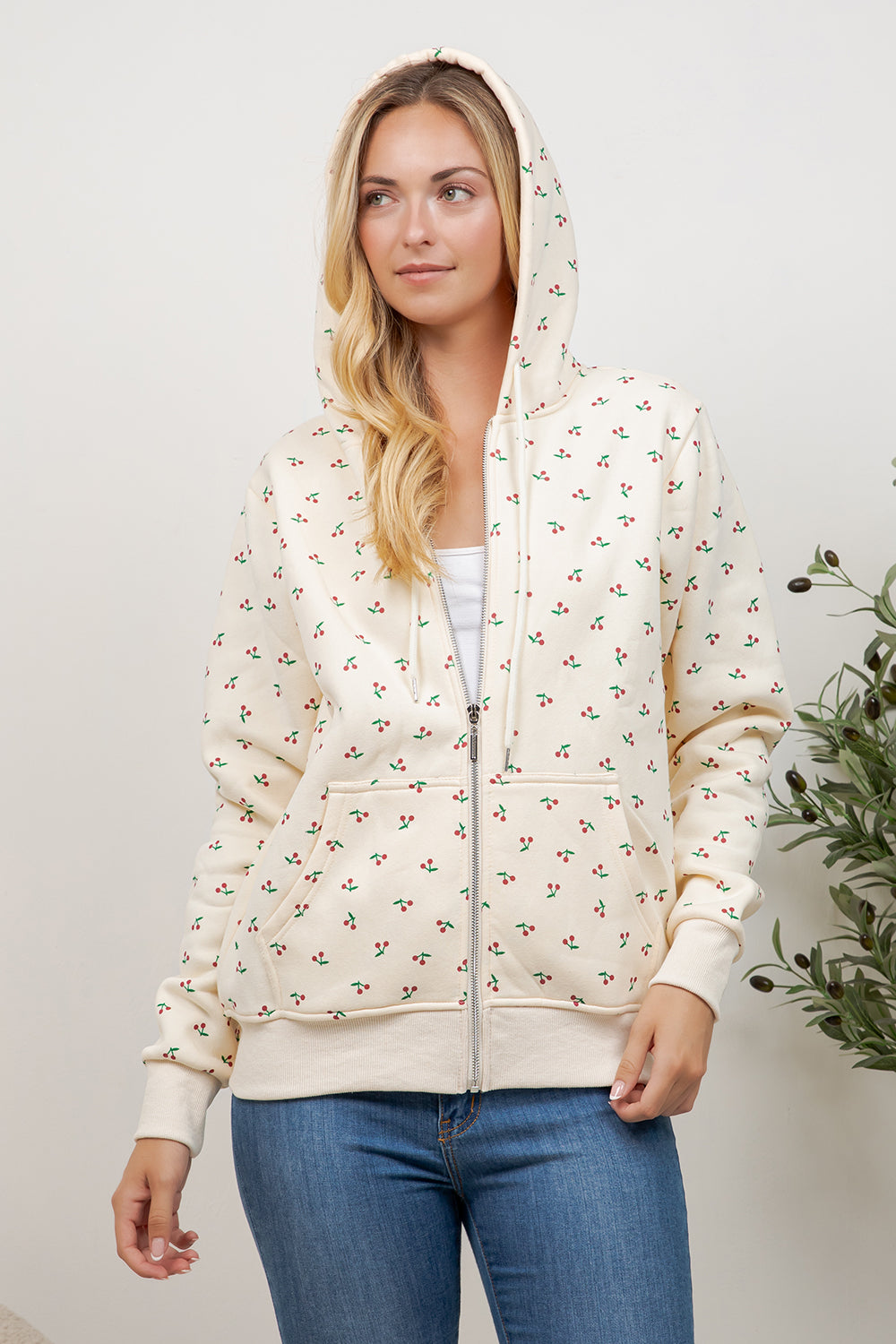 Cherry Print Zipper Hoodie