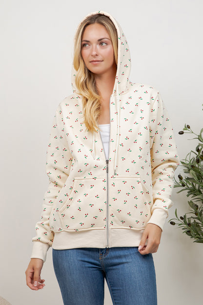 Cherry Print Zipper Hoodie