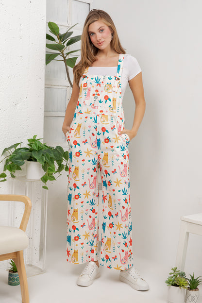 Floral Cats Overall Jumpsuit