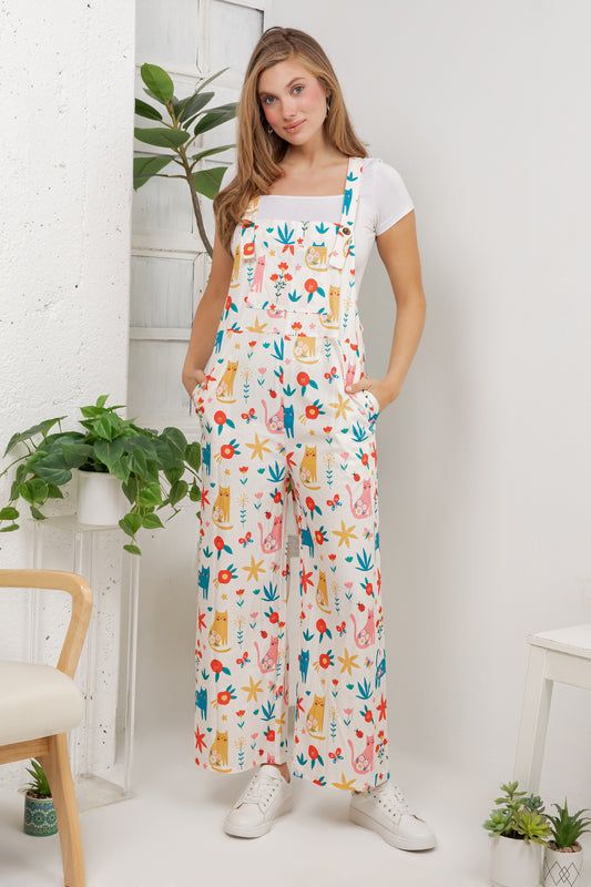 Floral Cats Overall Jumpsuit