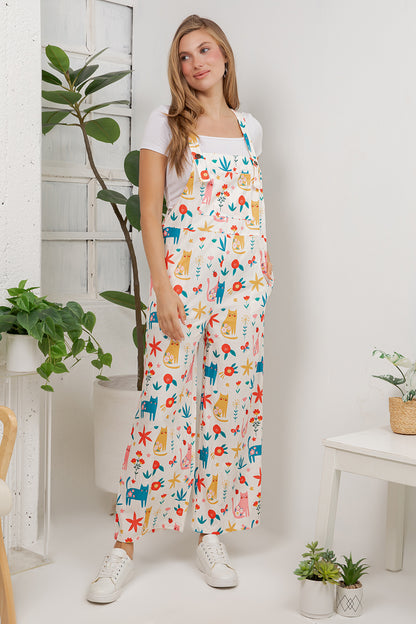 Floral Cats Overall Jumpsuit