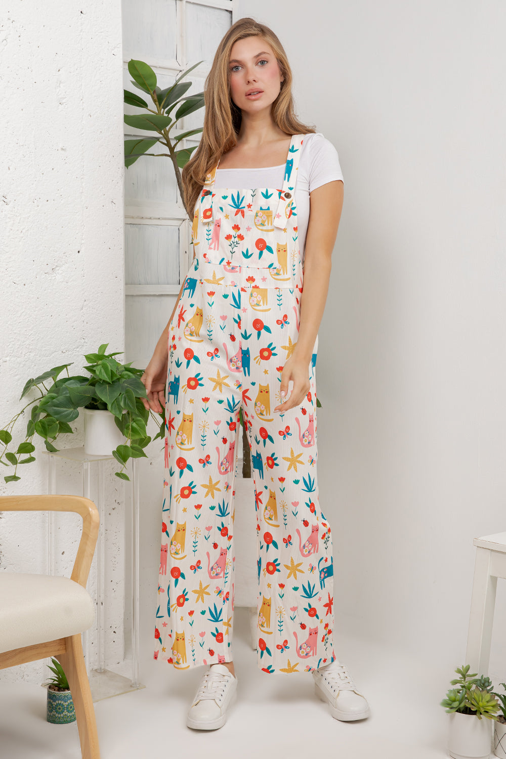Floral Cats Overall Jumpsuit