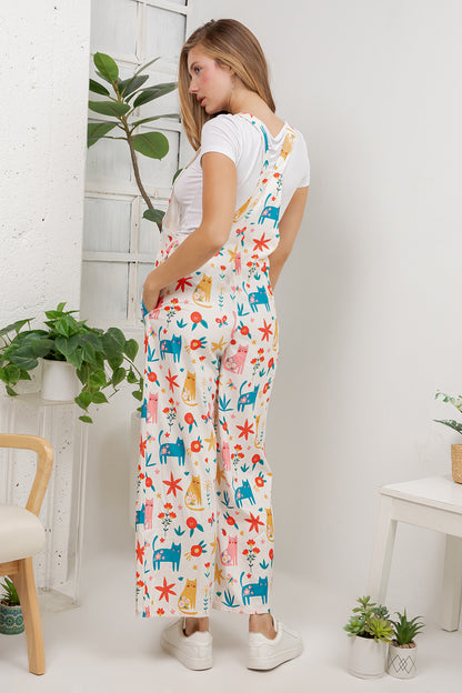 Floral Cats Overall Jumpsuit