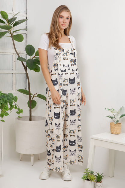 Cat Faces Overall Jumpsuit (Wide Leg)
