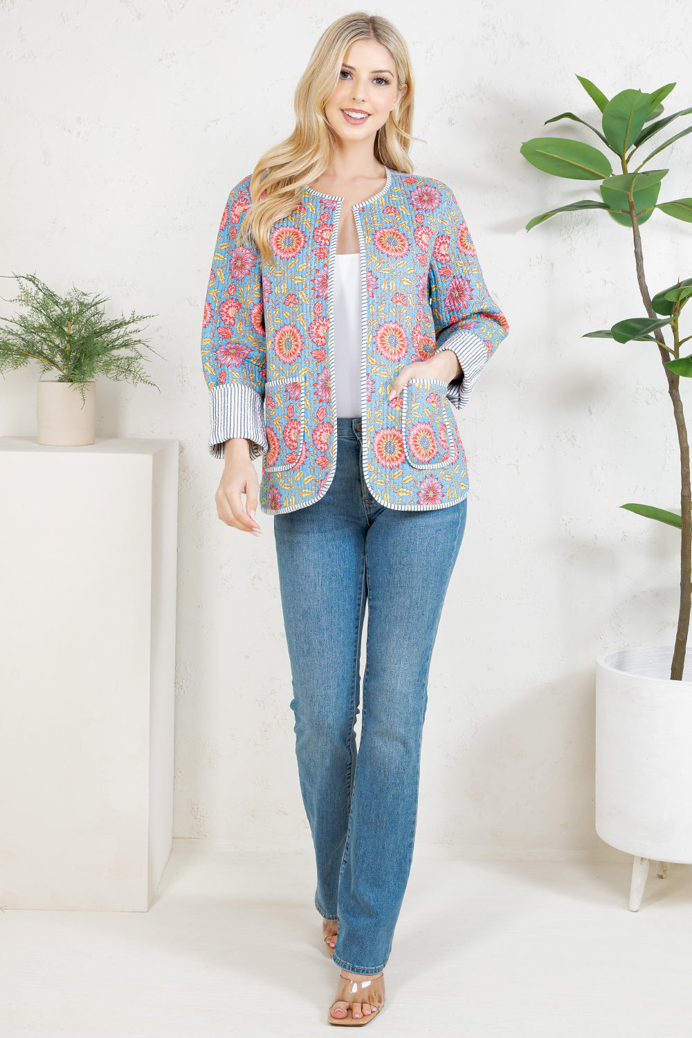 Floral Quilted Cotton Jacket - GREY