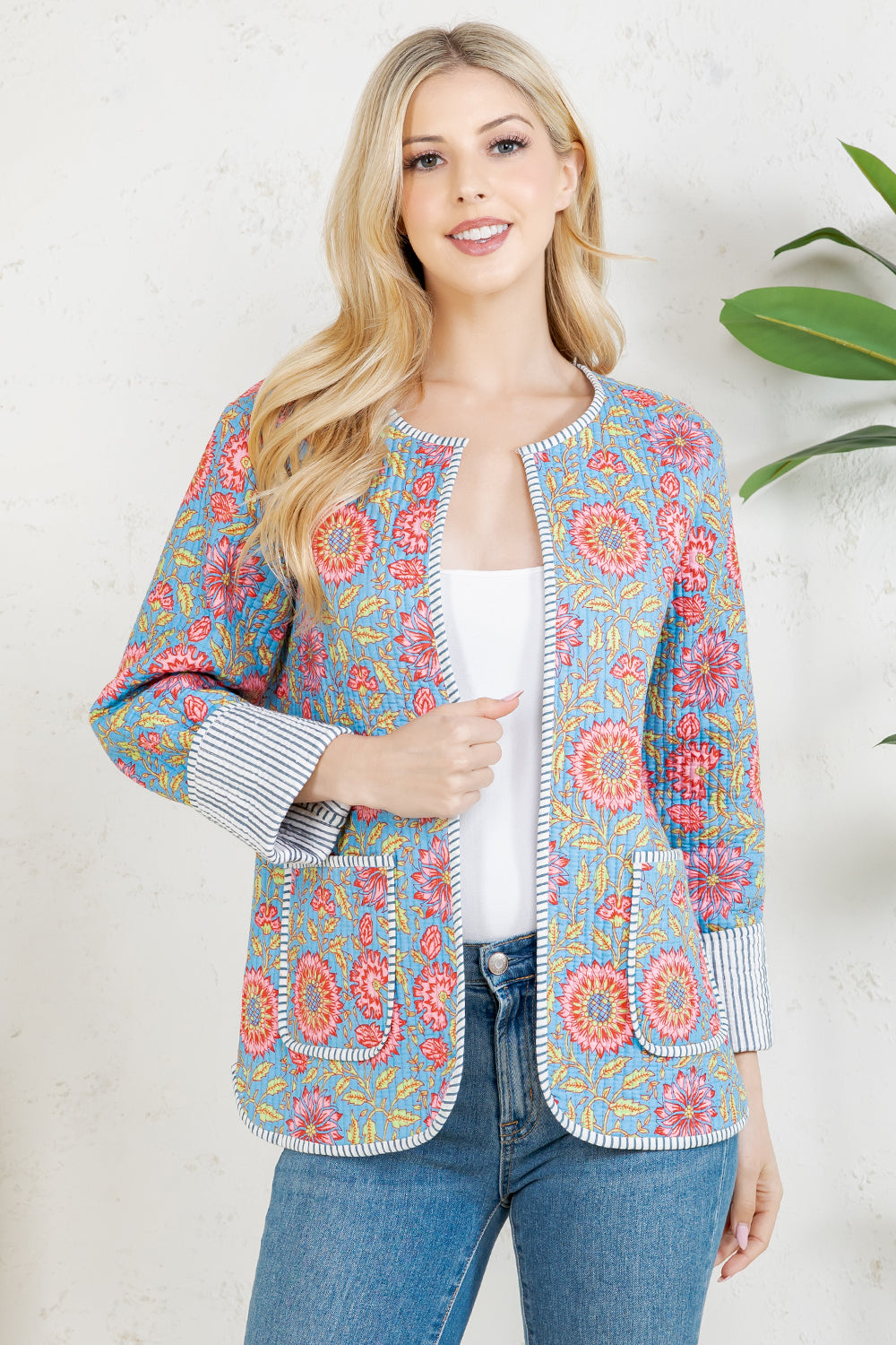 Floral Quilted Cotton Jacket - GREY