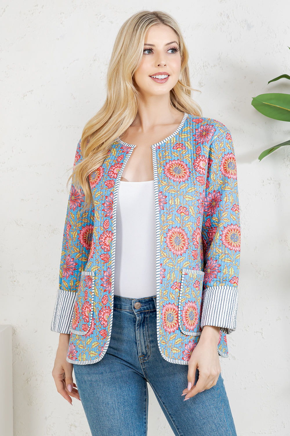 Floral Quilted Cotton Jacket - GREY
