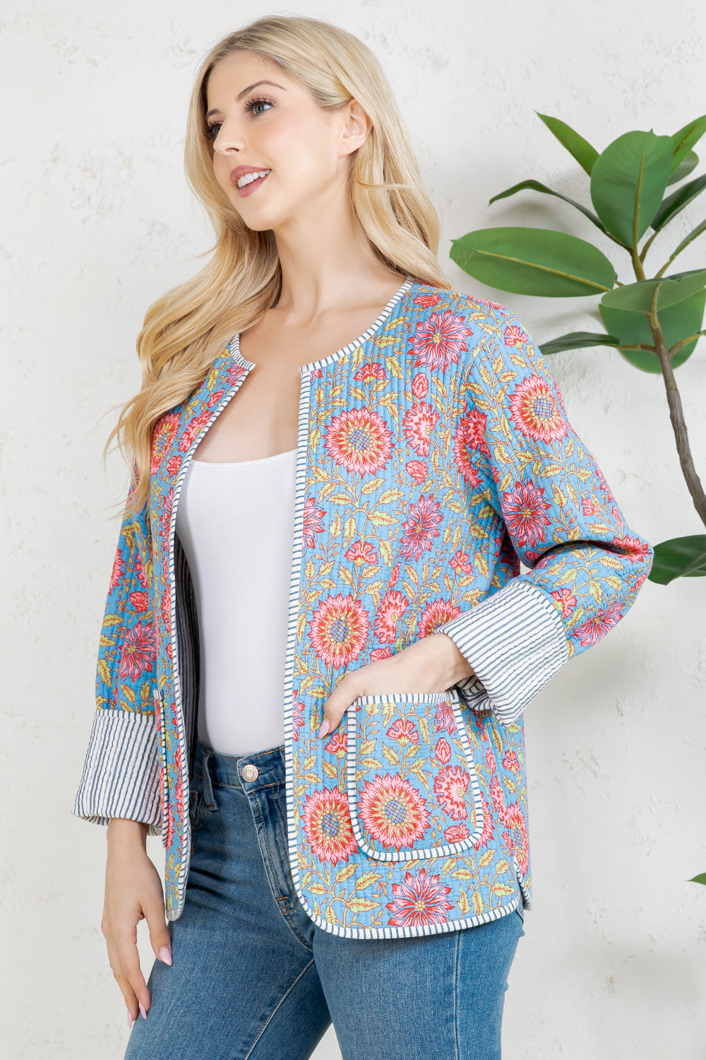 Floral Quilted Cotton Jacket - GREY