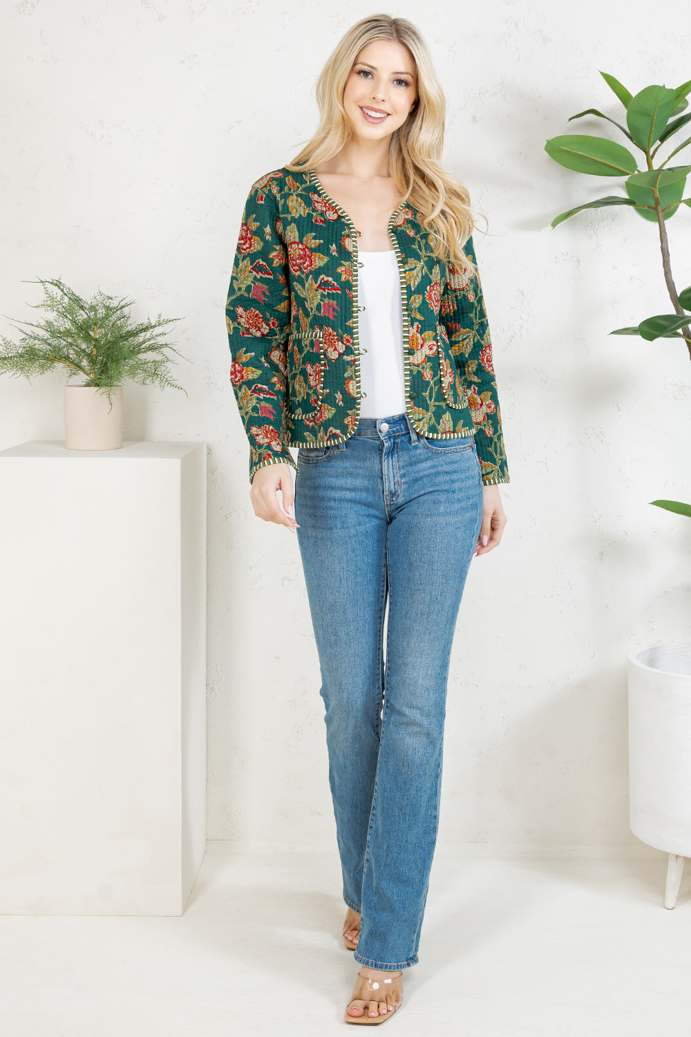 Floral Print Quilted Cotton Jacket - GREEN