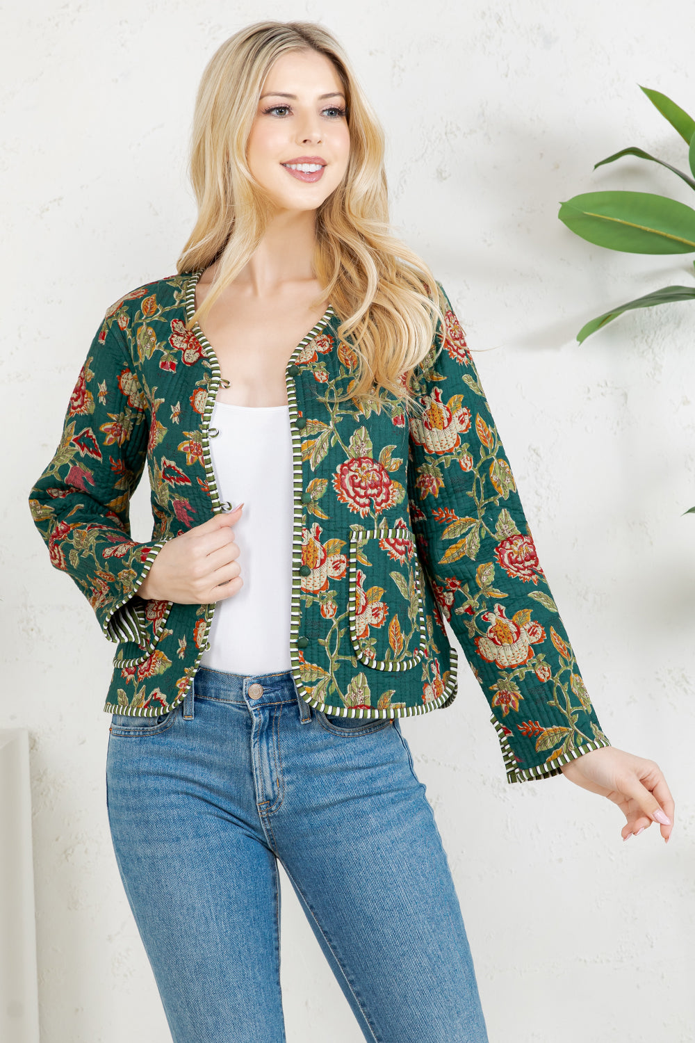 Floral Print Quilted Cotton Jacket - GREEN