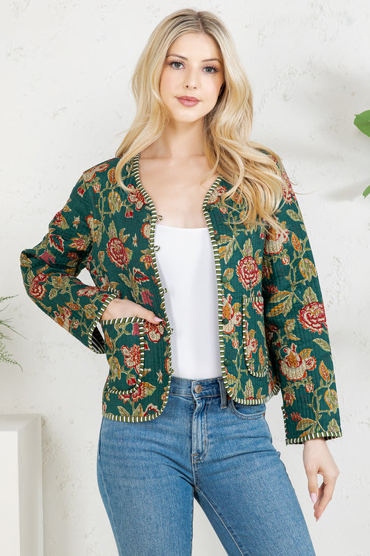 Floral Print Quilted Cotton Jacket - GREEN