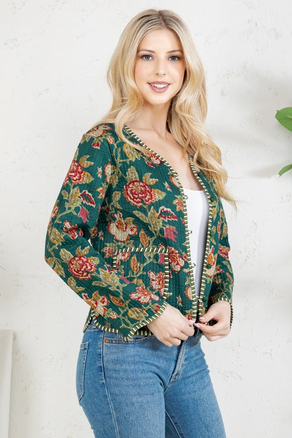 Floral Print Quilted Cotton Jacket - GREEN