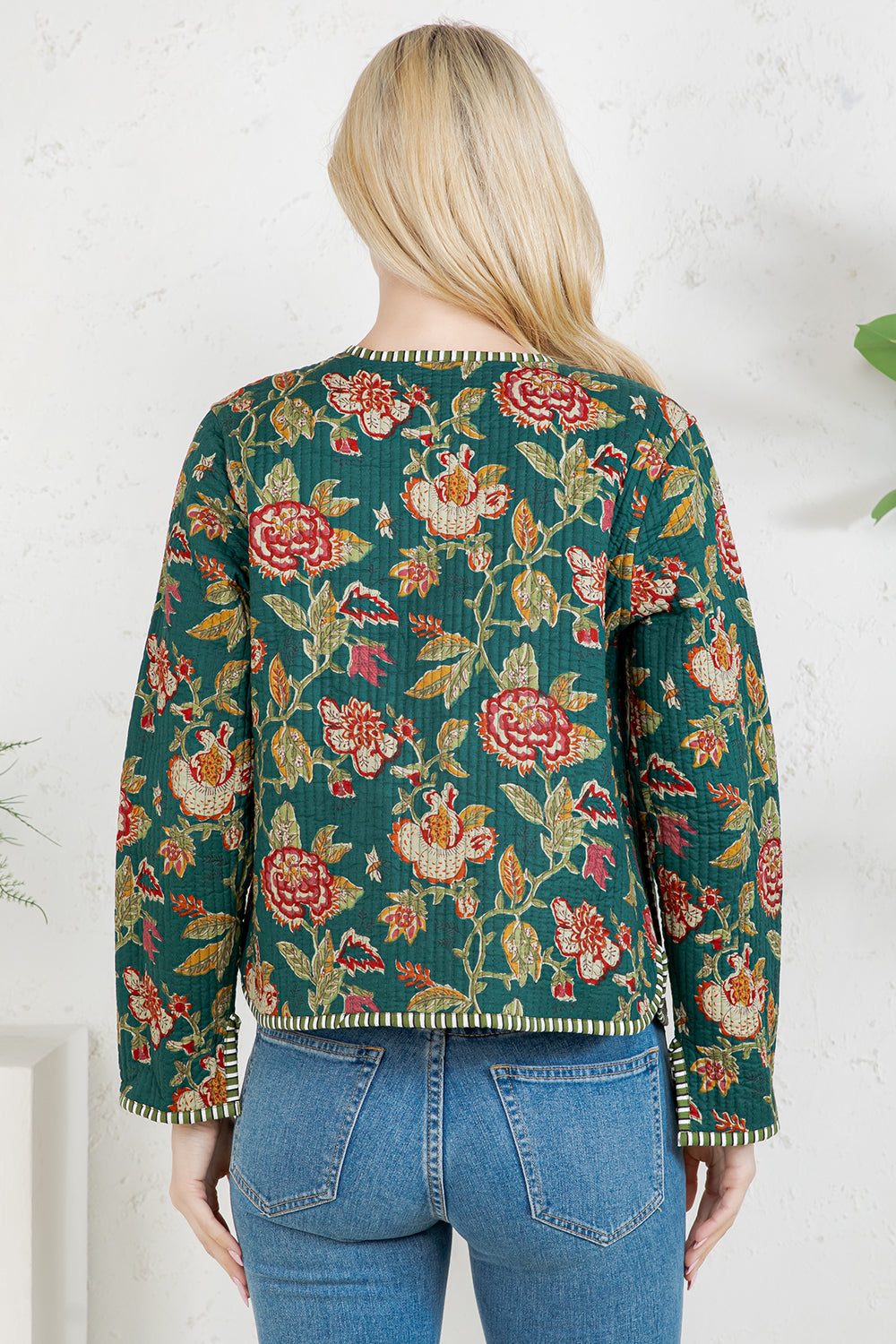 Floral Print Quilted Cotton Jacket - GREEN