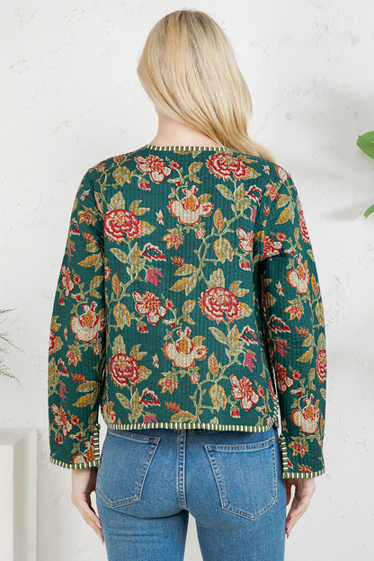 Floral Print Quilted Cotton Jacket - GREEN