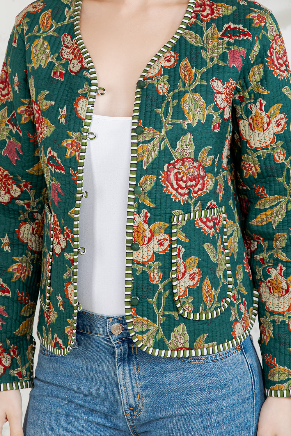 Floral Print Quilted Cotton Jacket - GREEN