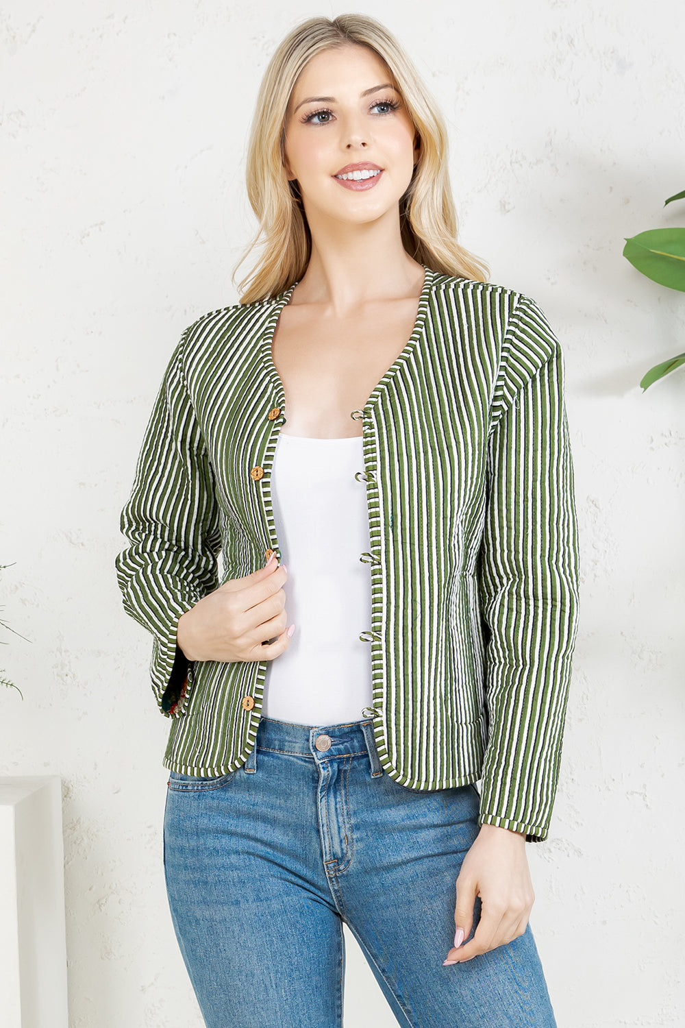 Floral Print Quilted Cotton Jacket - GREEN