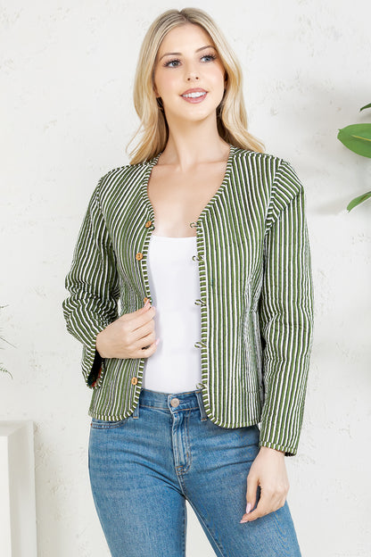 Floral Print Quilted Cotton Jacket - GREEN