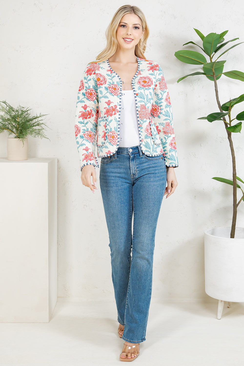 Floral Print Quilted Cotton Jacket - WHITE