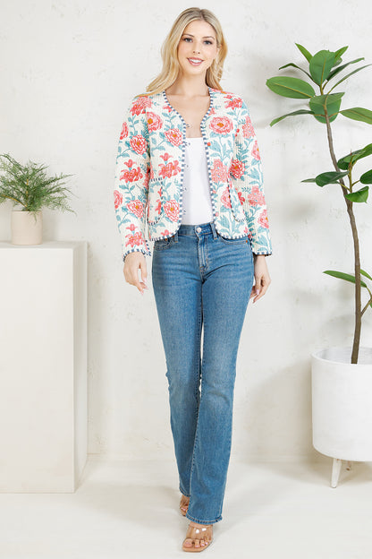 Floral Print Quilted Cotton Jacket - WHITE